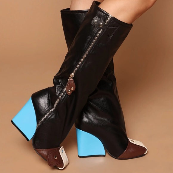 Shoes - Black Leather Knee Boots with Blue Wedge Heel